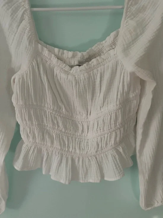 wild fable White Cropped Smocked Peasant Blouse with Ruffle Hem - Picture 5 of 8